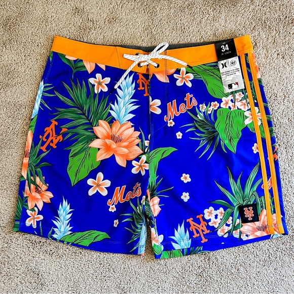 Hurley × '47 MLB New York Mets Orange Tropical Print Board Shorts Mens Sz 34 NWT - Picture 2 of 14